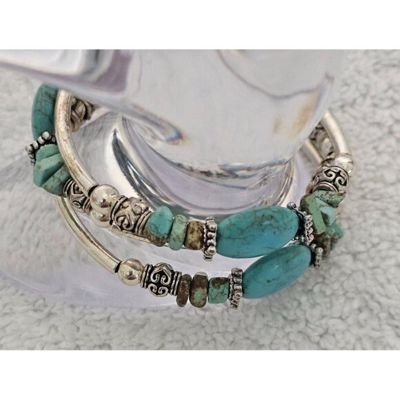 Turquoise & Silver Tone Beaded Coil Wrap Bracelet - 2 Inches Diameter - Picture 4 of 5